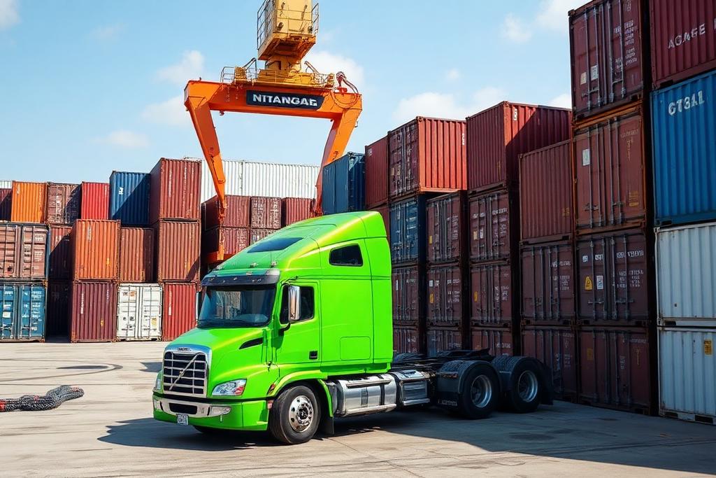 Lime green semi truck performing drop and hook at a US intermodal container yard