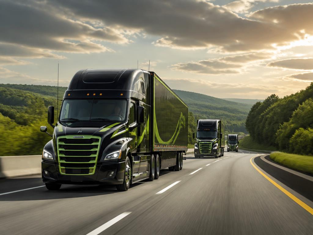 Modern black and lime green semi truck fleet on a US interstate highway