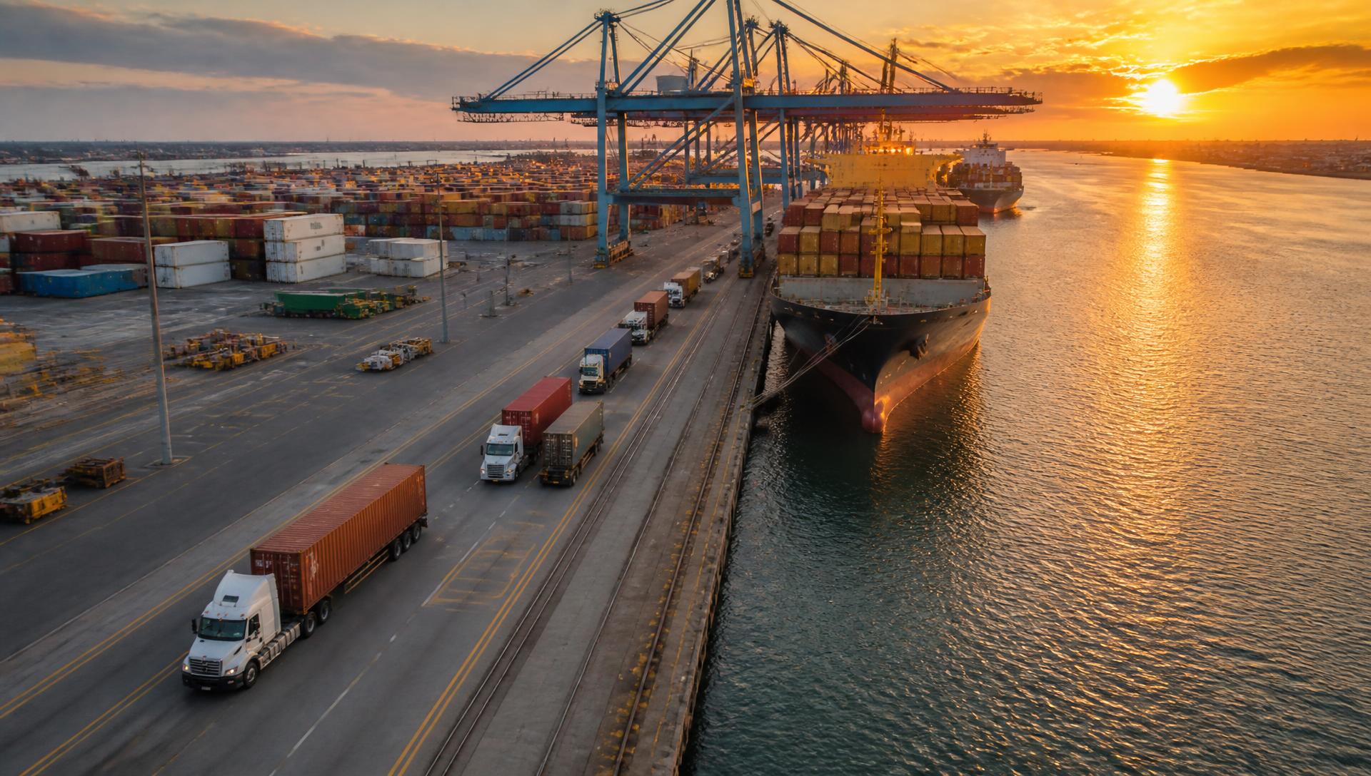 Aerial view of the Port of Virginia container terminal at sunset with trucks and cargo ships